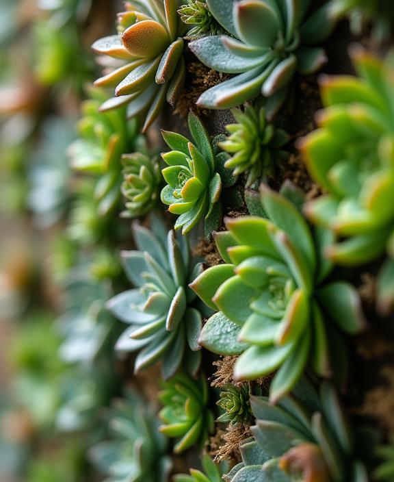 Close-up of a vibrant succulent wall integrated with a reclaimed metal fixture.