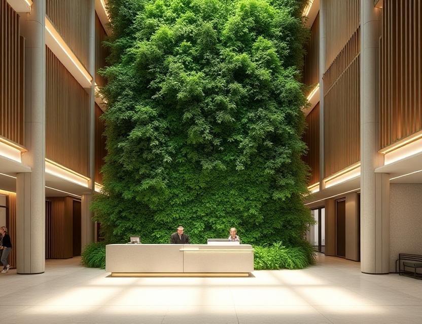 The green lobby of Hub Synergy Point with a towering vertical garden.
