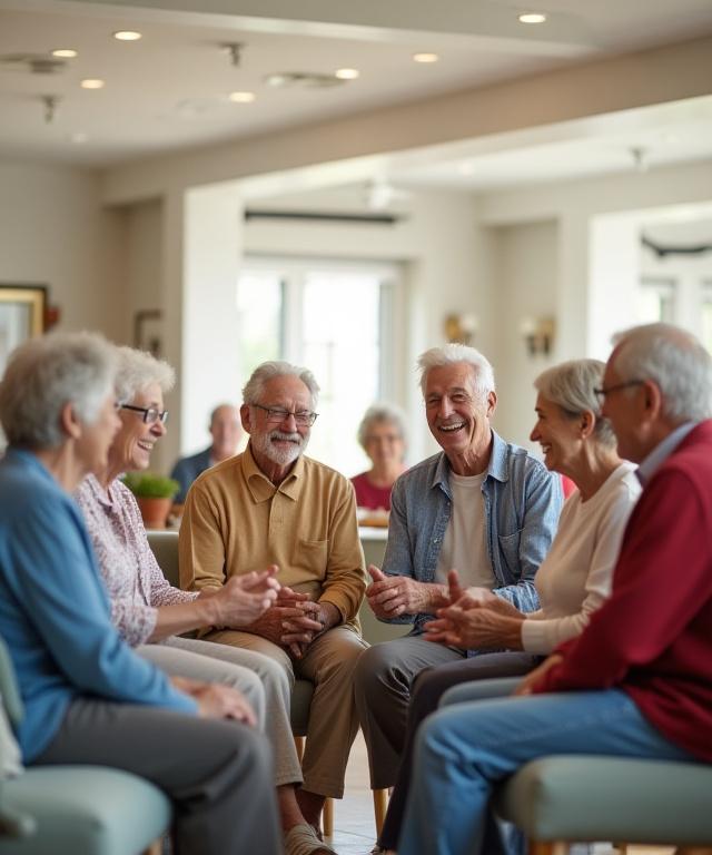Diverse group of residents and staff gathered in a common area, laughing together.